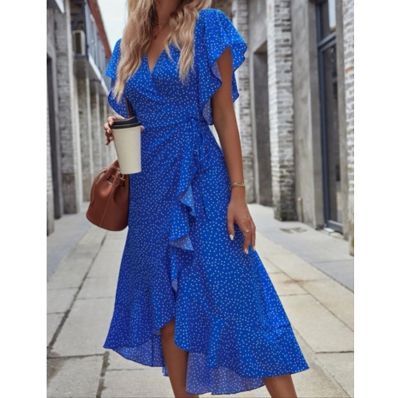 Boho polka dots ruffle hem wrap dress black - Picture 12 of 16